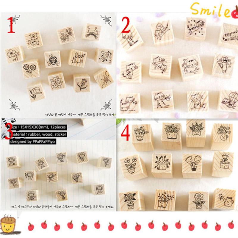 waanzinnige korting 11% Korting 12 pcs lot (1 bag) DIY Cute Cartoon Cats Flowers Girls Wood Stamps