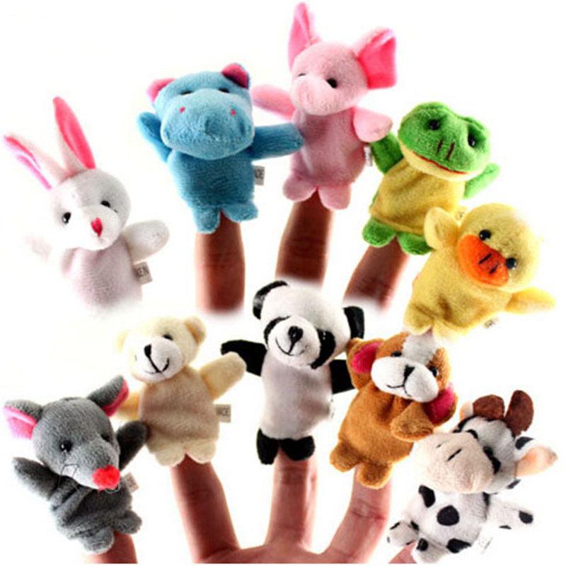 10 stks partij Dier Cartoon Biologische Finger Puppet Knuffels Baby Doek Educatief Hand Speelgoed