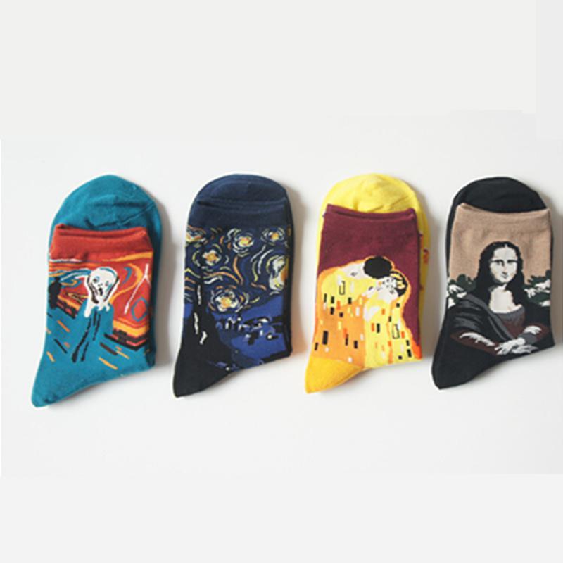 1 partij = 4 pairsKatoen Art Sokken voor Vrouwen Dame Van Gogh Muurschildering Harajuku Straat