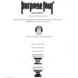 Justin Bieber Purpose tour merchandise (t-shirt)