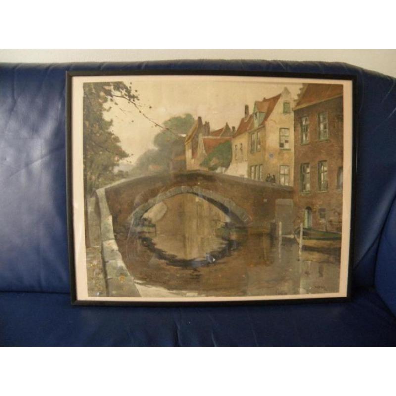 ges. W.A. Knip. Kleurenlitho Brug in oude stad.