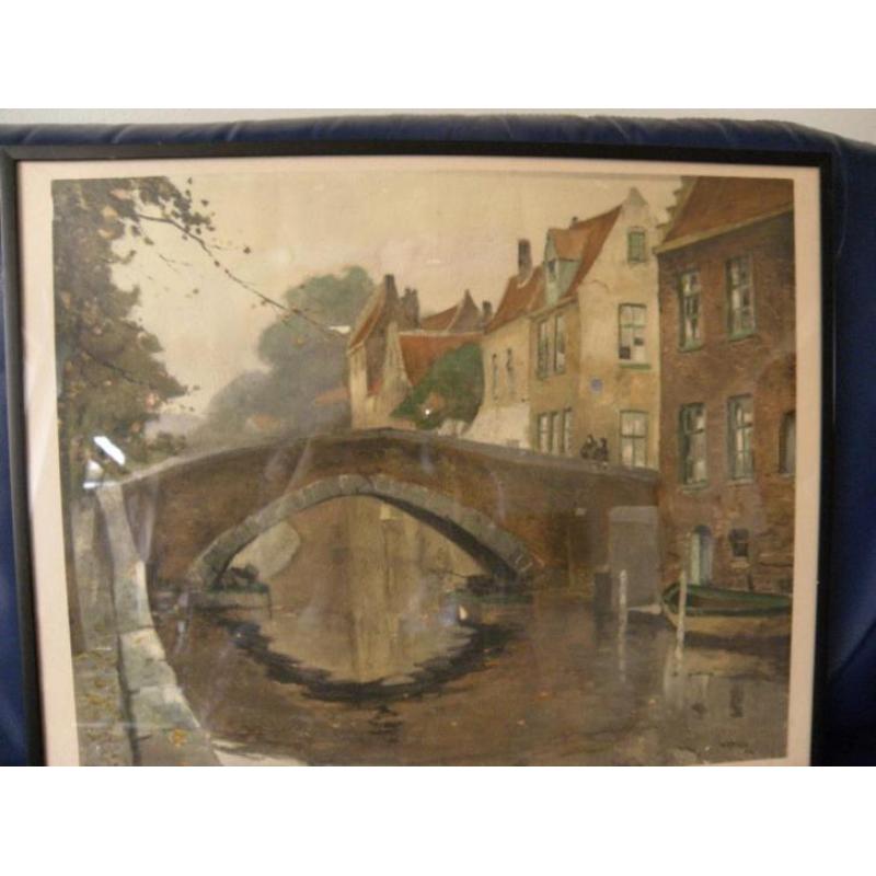 ges. W.A. Knip. Kleurenlitho Brug in oude stad.