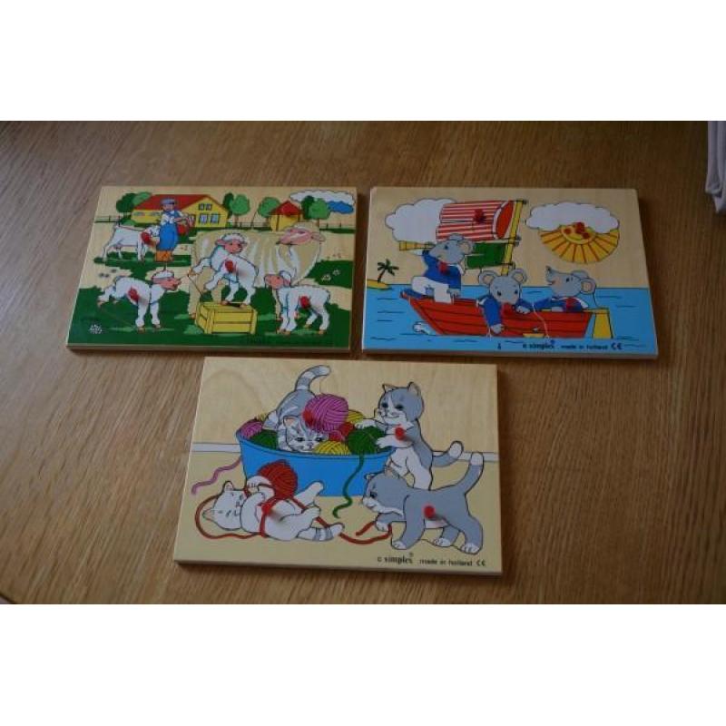 3 houten puzzels muis - poes en schaap