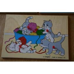 3 houten puzzels muis - poes en schaap