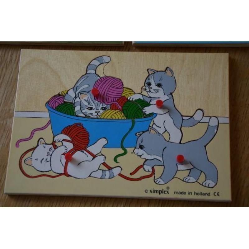 3 houten puzzels muis - poes en schaap