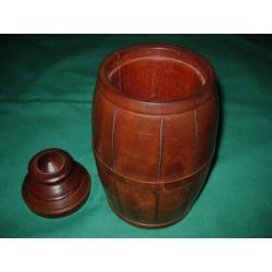 Antieke houten tabakspot in tonvorm met deksel