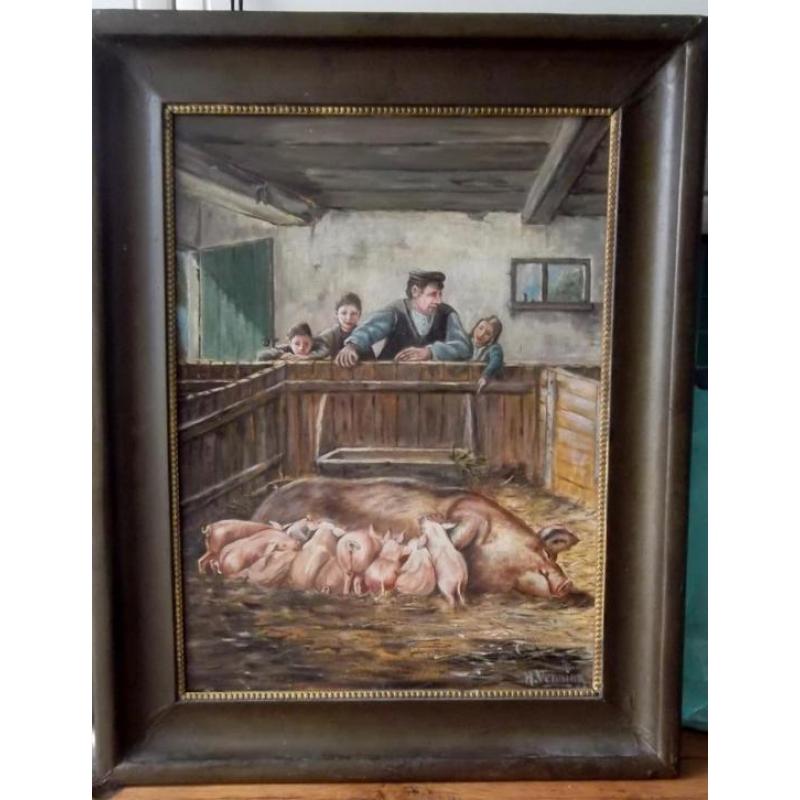 schilderij Vennink, varkens biggen stal kinderen boer