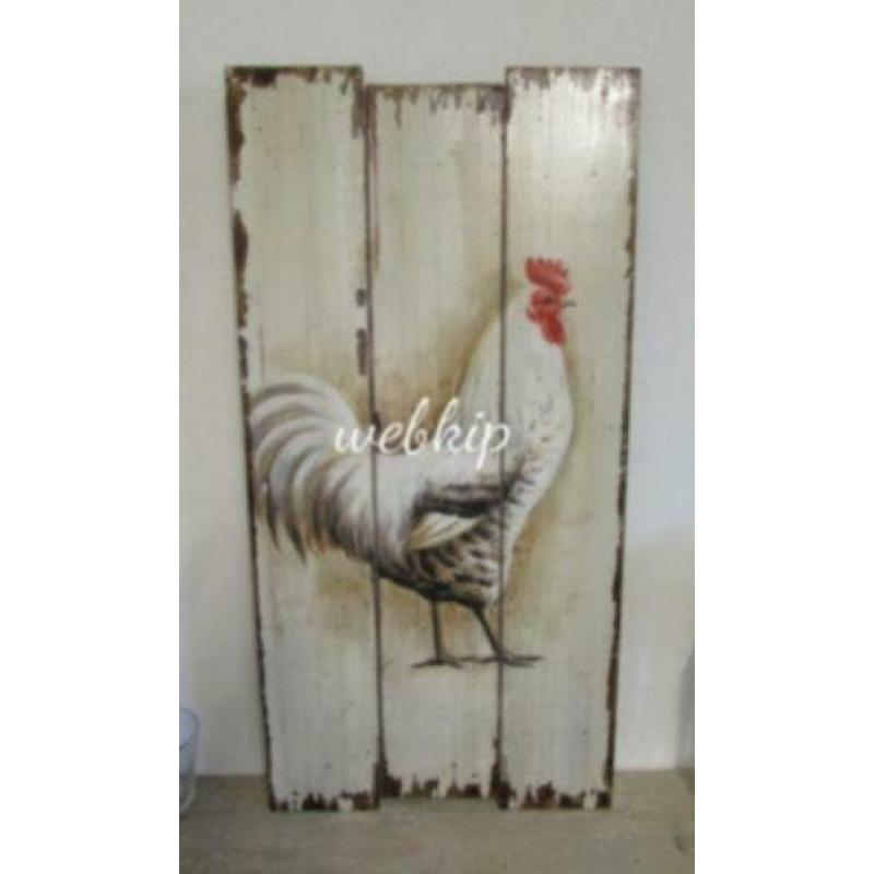 prachtig sober landelijk houten kippen schilderij kip haan