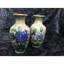 Set Chinees cloisonne vaasjes met blauwe bloemen 19 cm