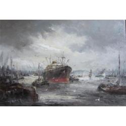 =JOHN BEVORT 1917-1996==schepen in haven===70 x 100 cm===