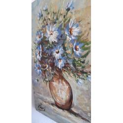 Oud Schilderij ,olieverf op paneel,bloemen ,blauw,gesigneer