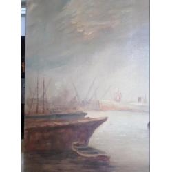 Havengezicht gesigneerd met J van Dijk 125x60 Cm.