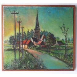 Olieverfschilderij - kerkdorp in Vlaanderen - gesigneerd