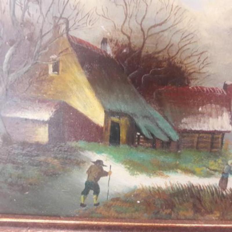 Schilderij op paneel voorstelling winterlandschap oud