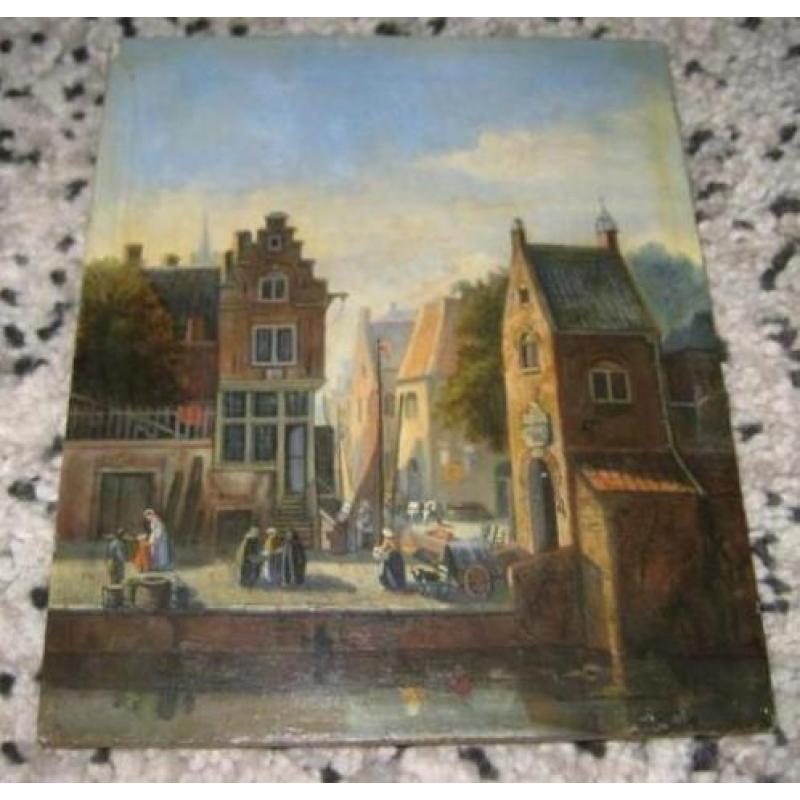 Hollandse School 18e eeuws olieverf paneel stadsgezicht