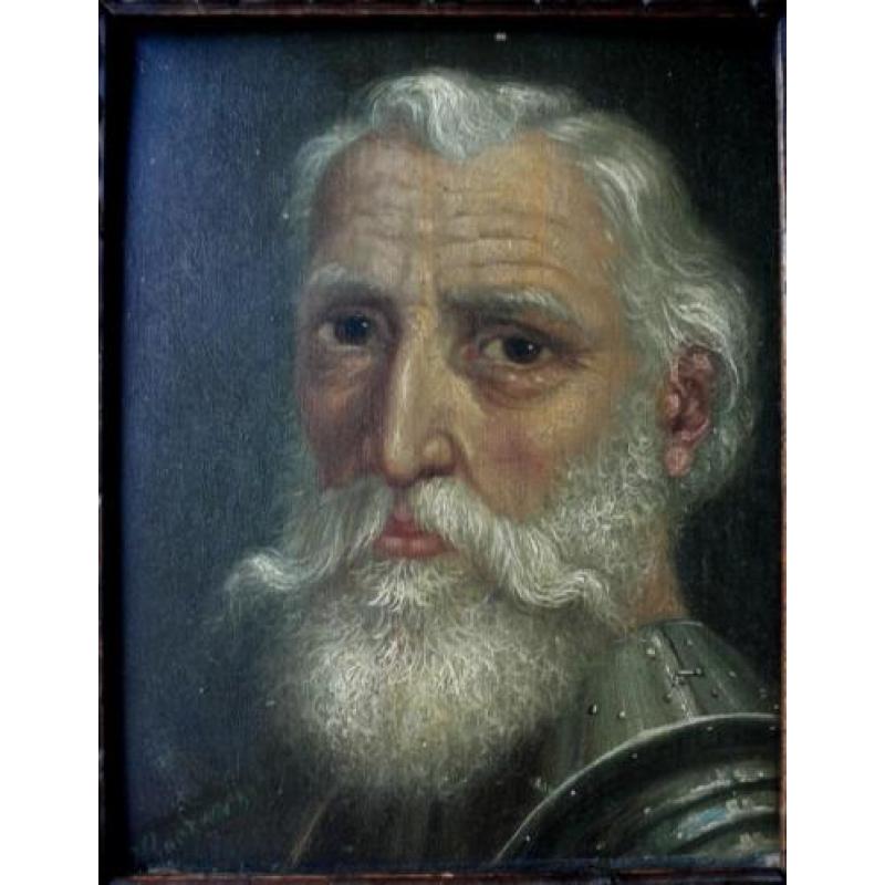 Fraai antiek portretje van man (ridder) met baard in harnas