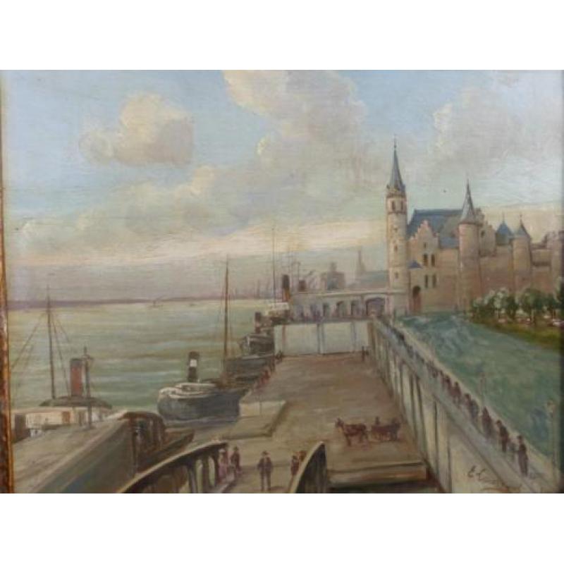 Antwerpen, haven/kasteel Het Zand, olieverf uit plm. 1900