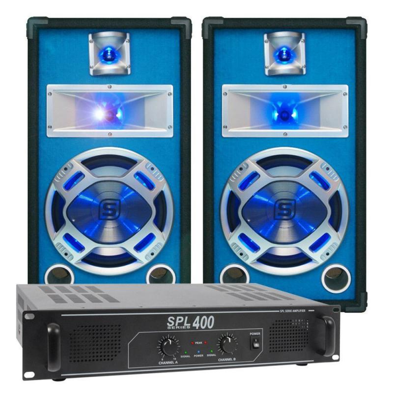 SkyTec blauw Complete 400W DJ Set met PA Versterker en Disco LED Luidsprekers SkyTec